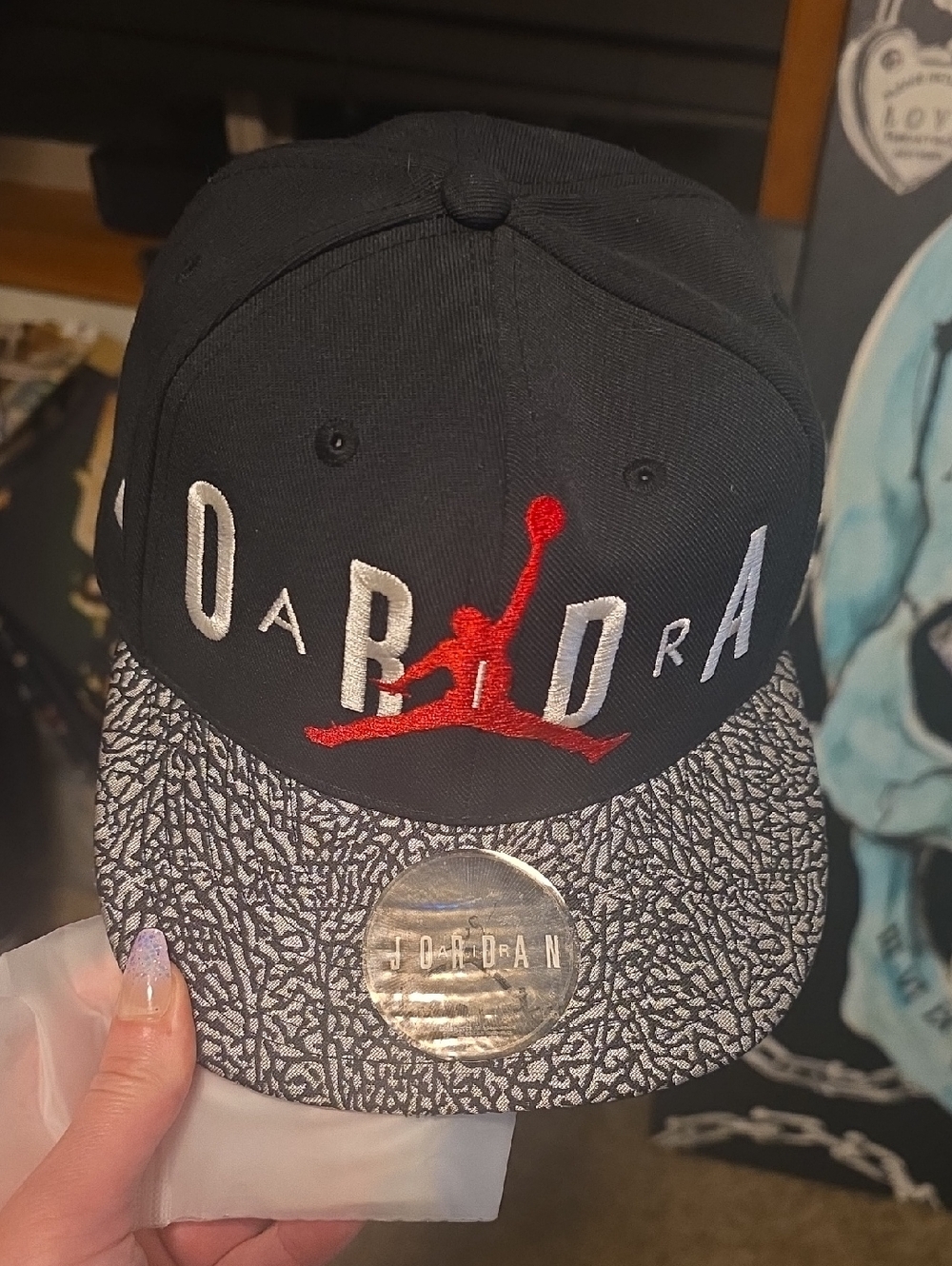 Jordan Black Snapback with Red Jumpman and Elephant Print Brim